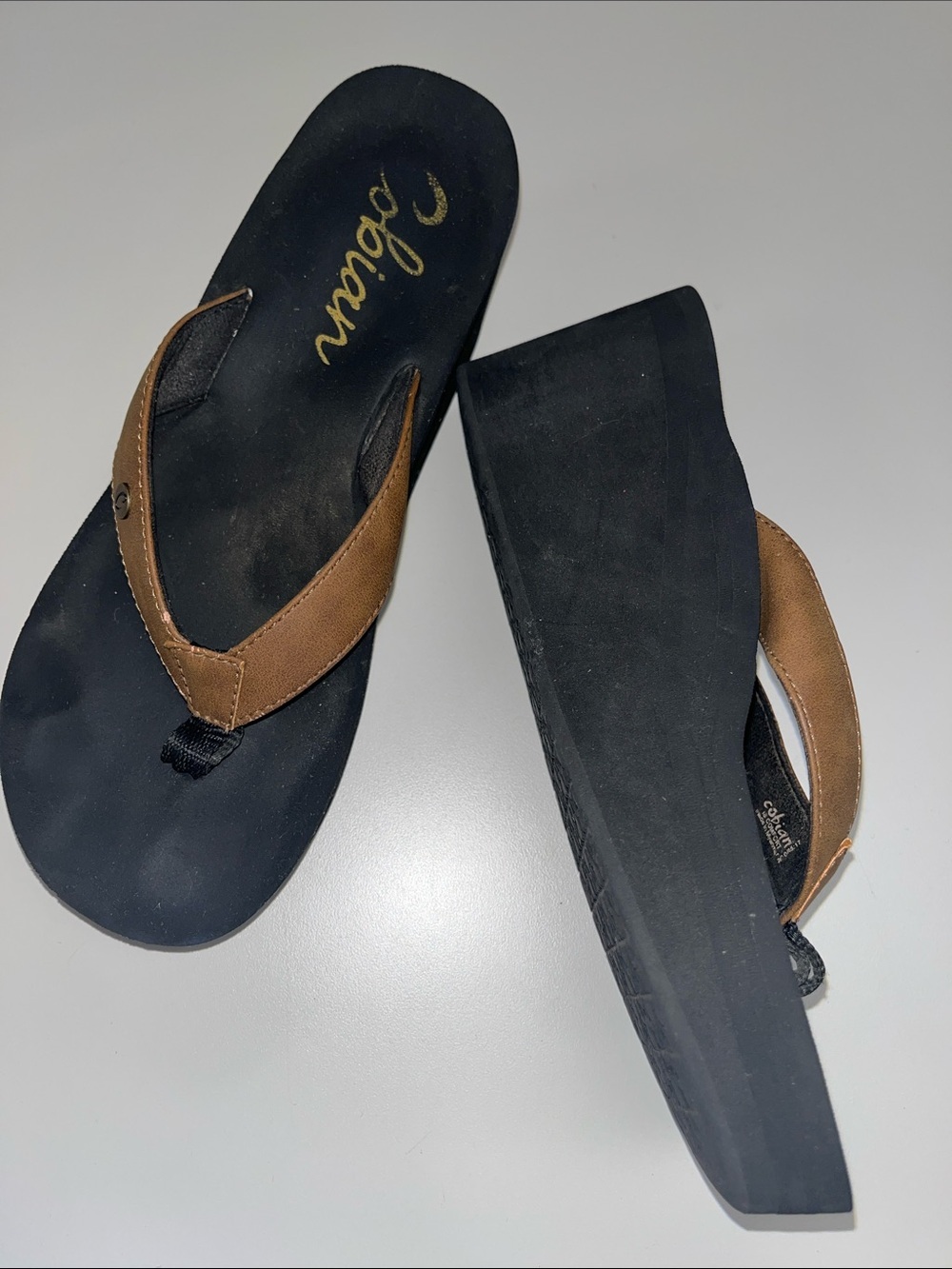 Cobian Brown and Black Wedge Flip Flop Sandals size 8